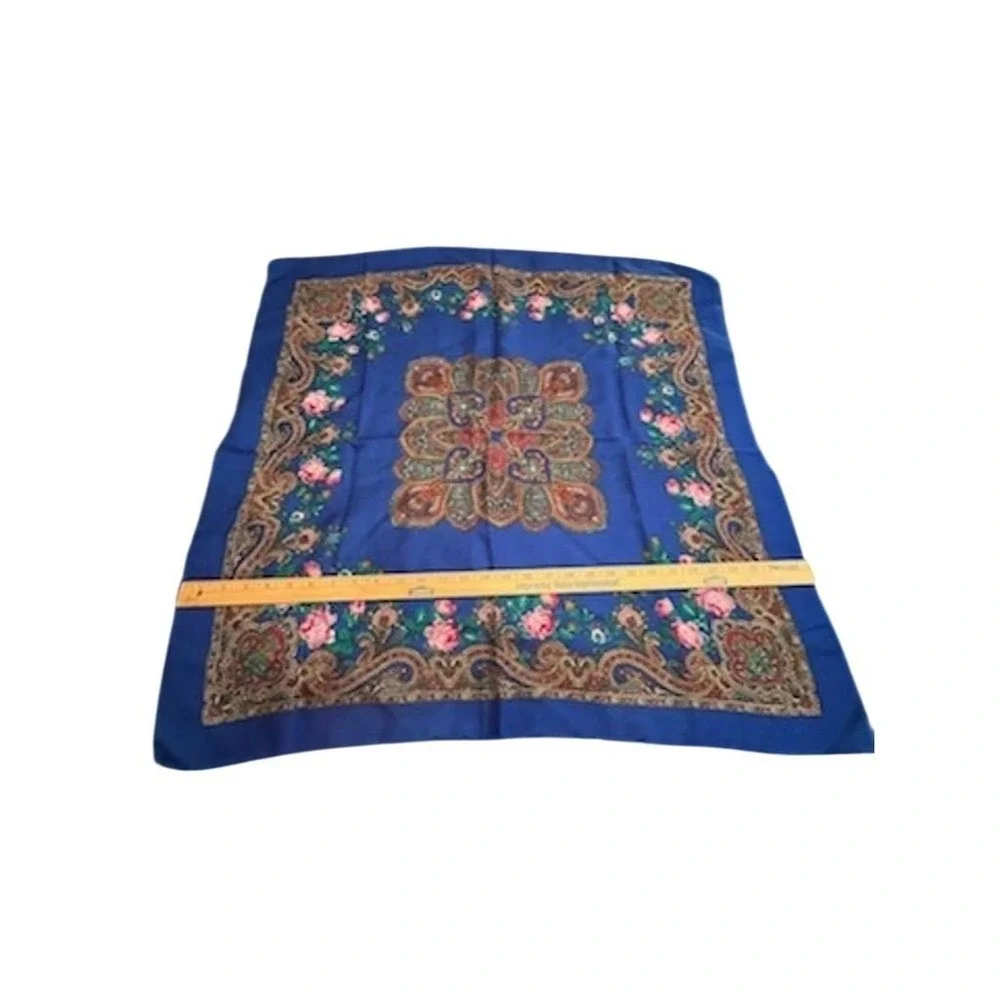 Womens Blue Floral Paisley Russian Folk Square Scarf Shawl feminine garden party